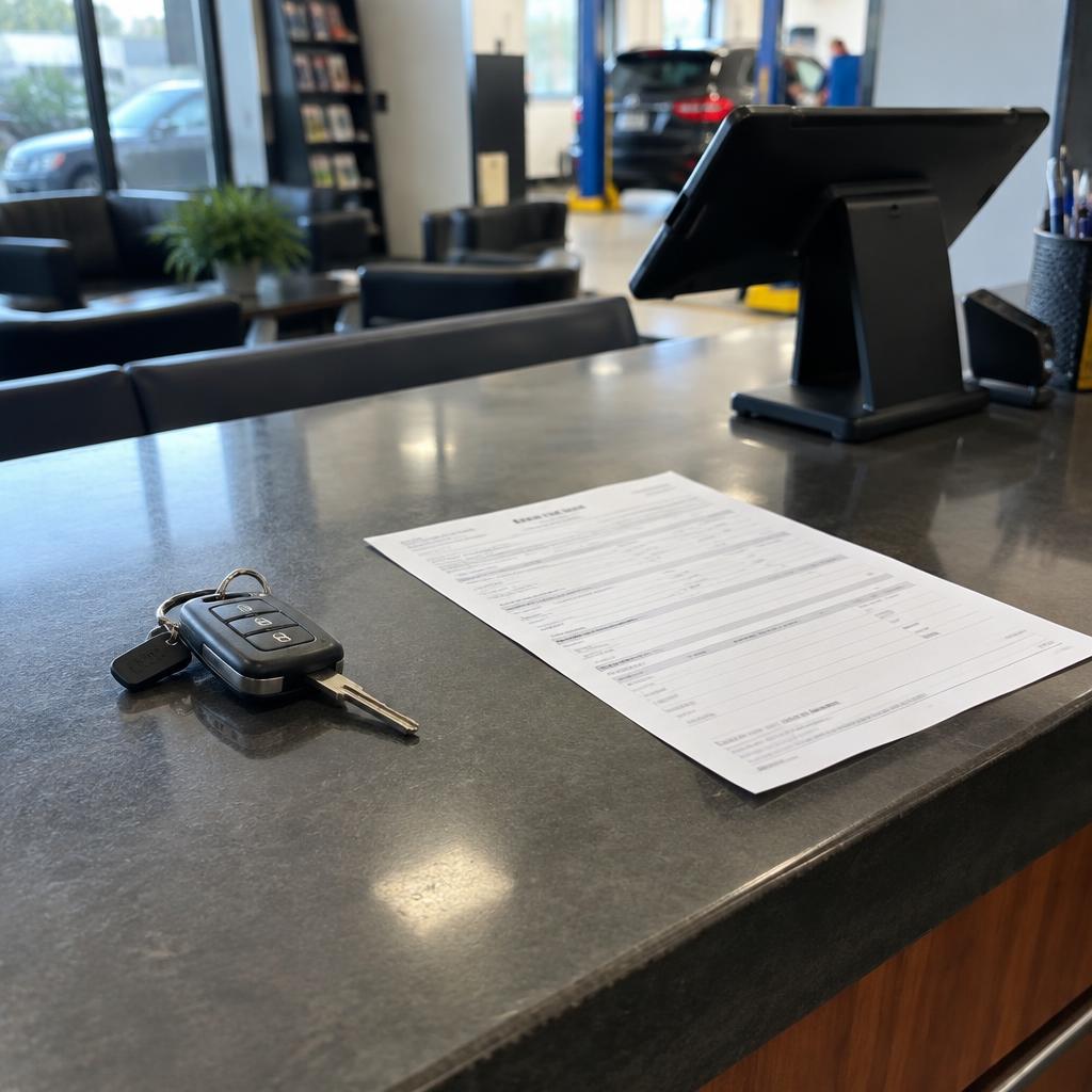 Counter at checkout — keys back, invoice in hand