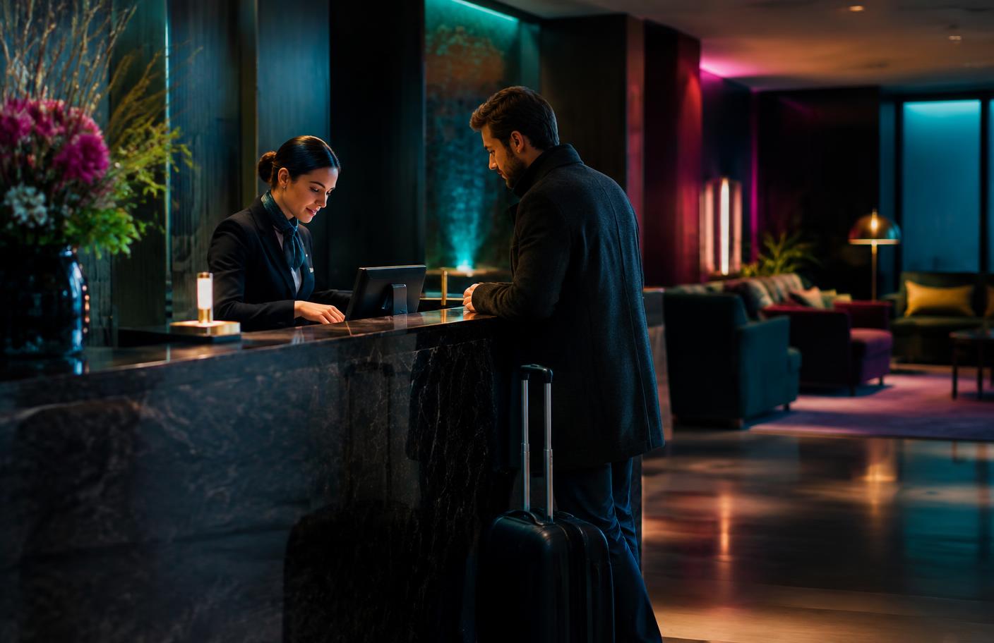 Hotel guest at a front desk